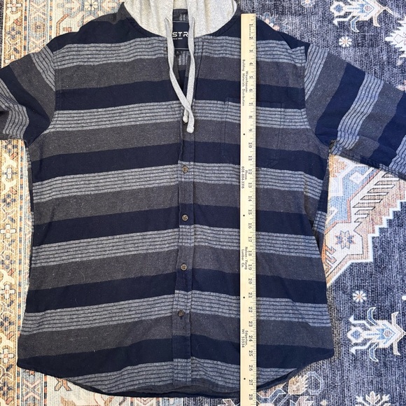 VSTR Men's Navy and Gray Striped Hooded Button Up Sweater 100% Cotton Size XL - Picture 10 of 11